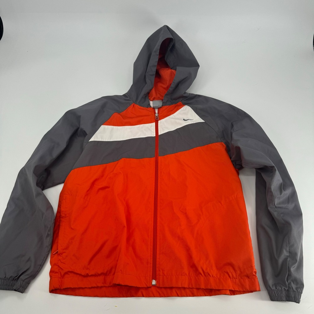 Nike Kids Full Zip‎ Windbreaker Jacket Orange Gray White Striped L (13-14) VTG